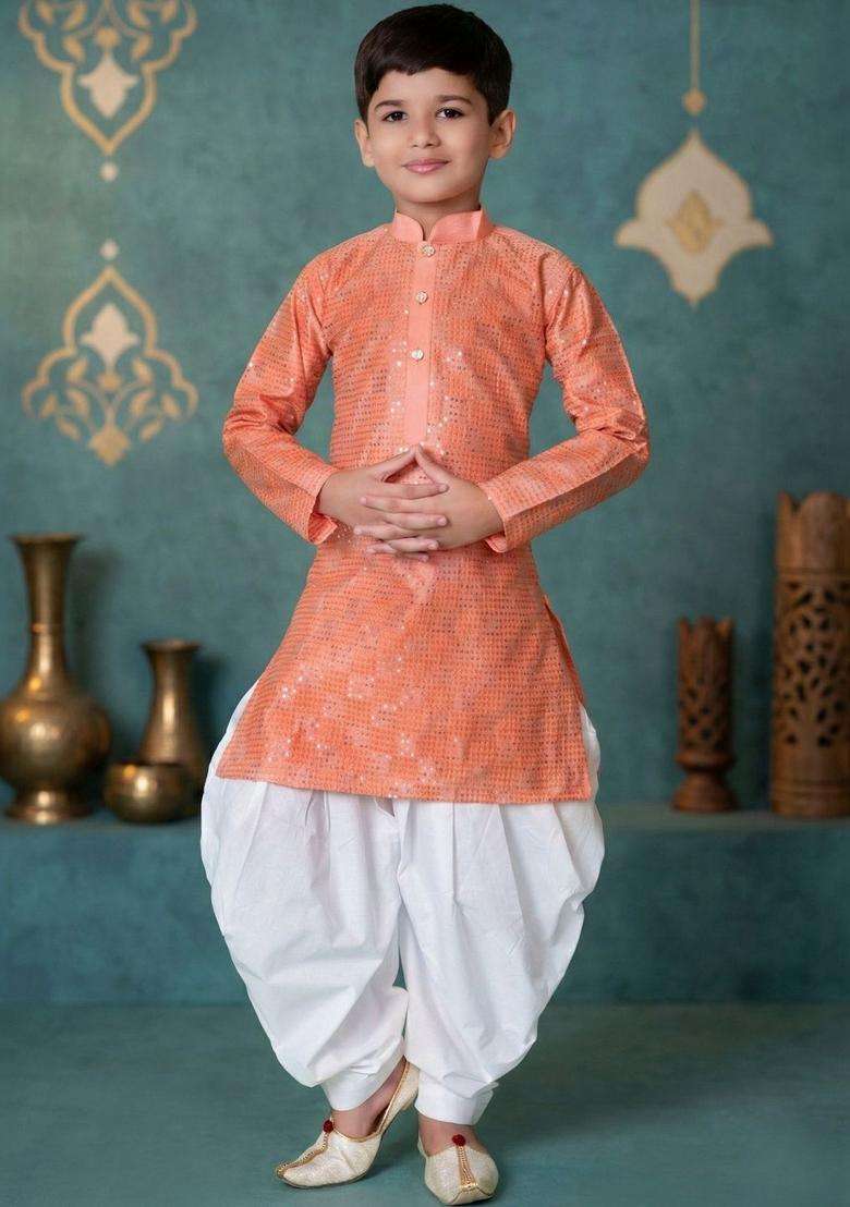 Peach Solid Silk Kurta Set For Boys - Indya