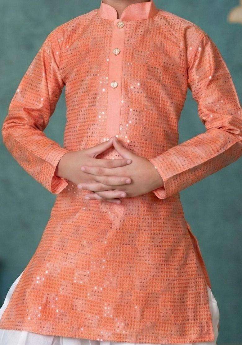 Peach Solid Silk Kurta Set For Boys - Indya