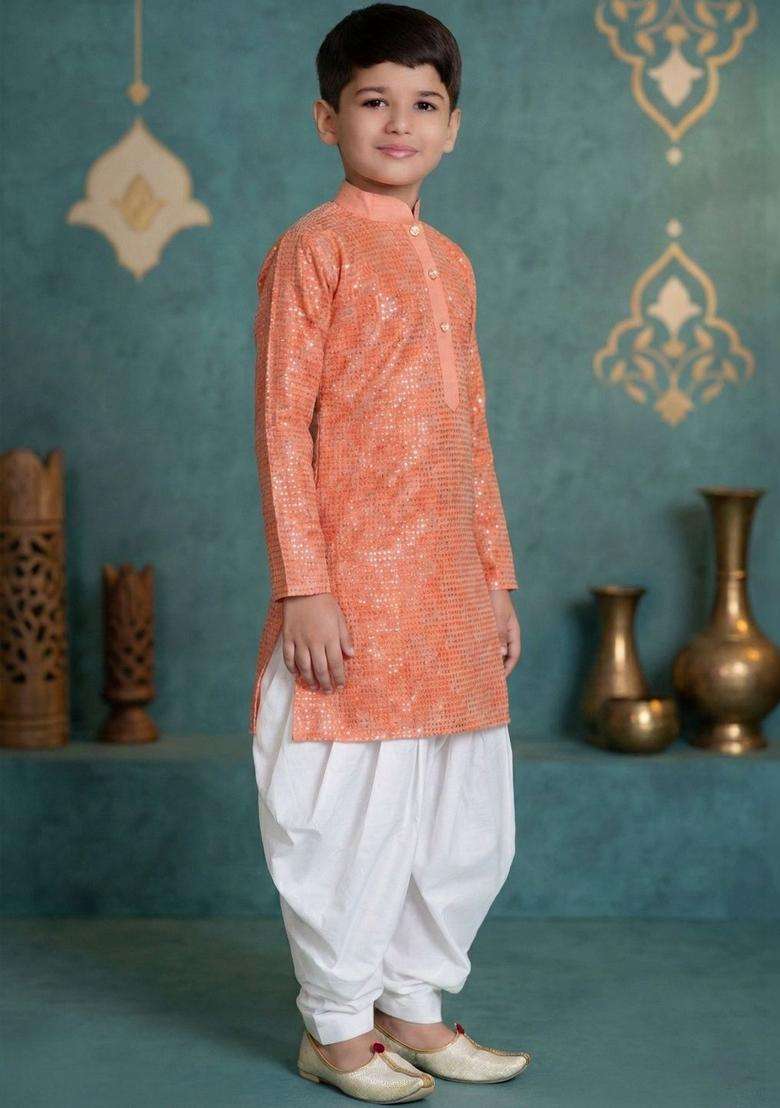 Peach Solid Silk Kurta Set For Boys - Indya