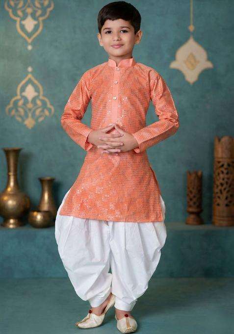 Peach Solid Silk Kurta Set For Boys