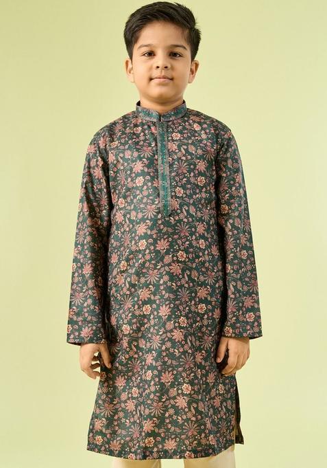 Green Printed Viscose Kurta Set For Boys — view on Indya