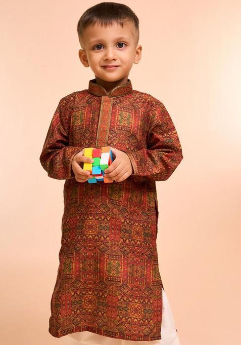 Red Printed Viscose Kurta Set For Boys — view on Indya