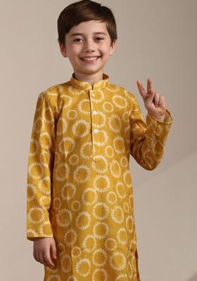Mustard Printed Cotton Kurta Set For Boys
