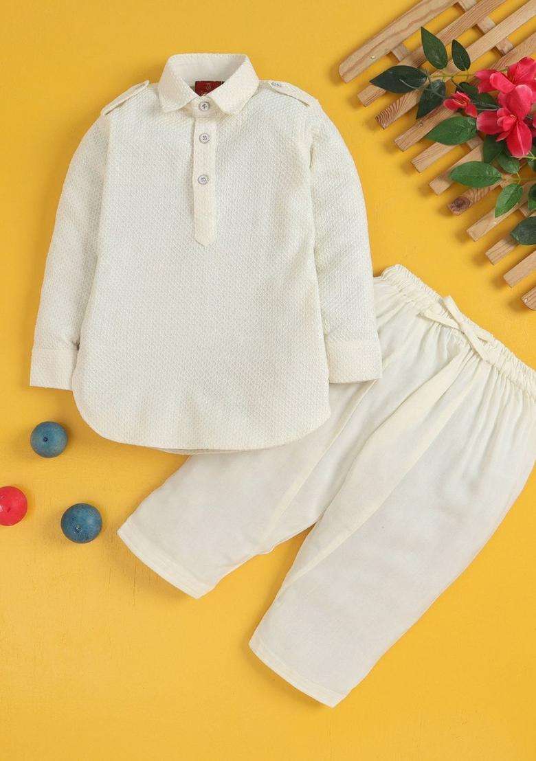 Off White Embroidered Cotton Kurta Set For Boys - Indya