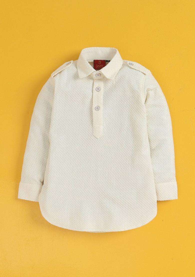 Off White Embroidered Cotton Kurta Set For Boys - Indya