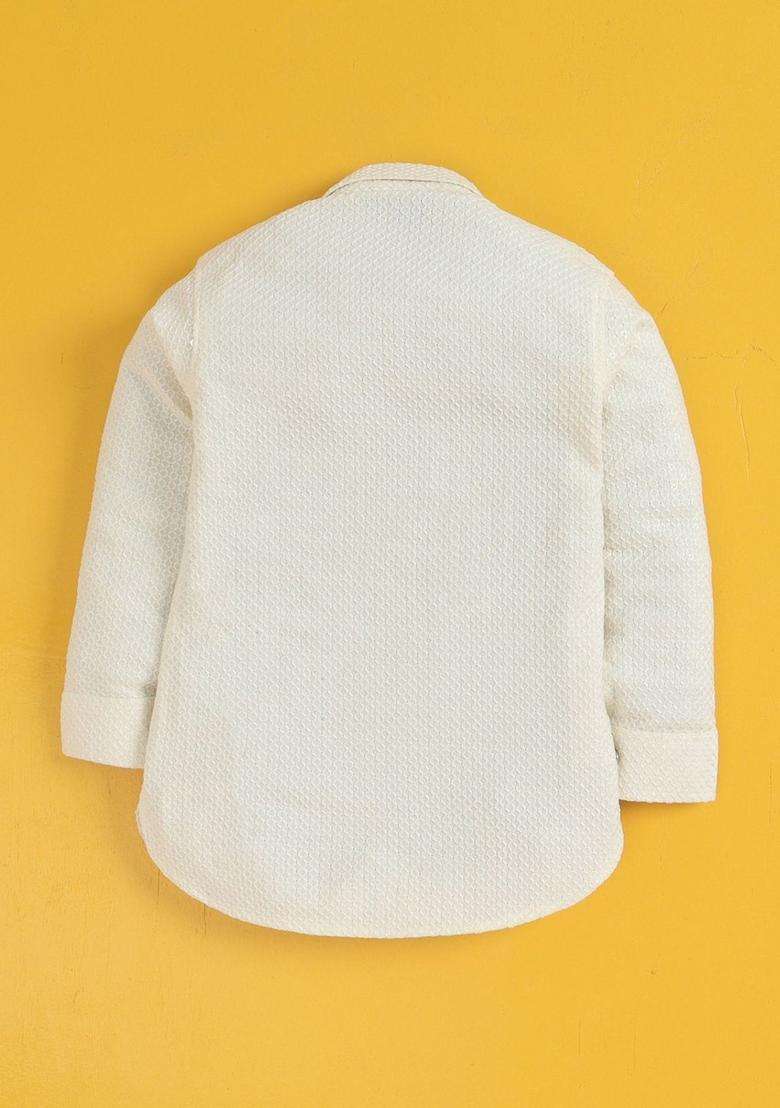 Off White Embroidered Cotton Kurta Set For Boys - Indya
