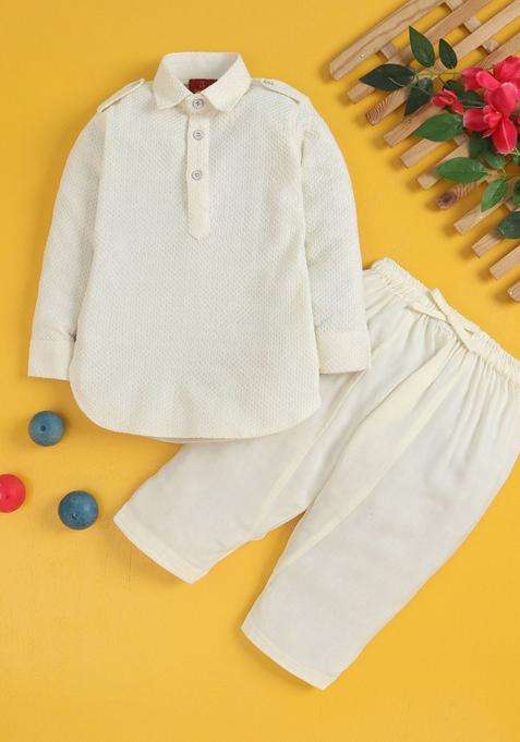 Off White Embroidered Cotton Kurta Set For Boys