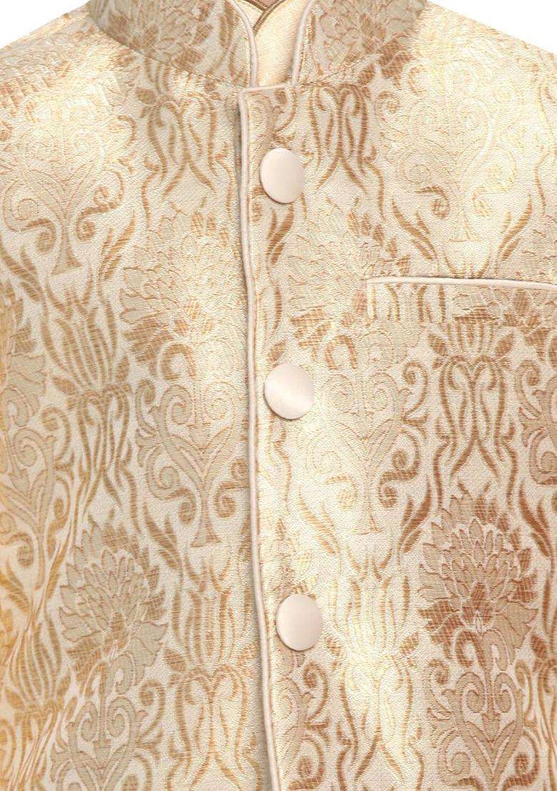 Rose Gold Self Design Silk Kurta Set For Boys - Indya
