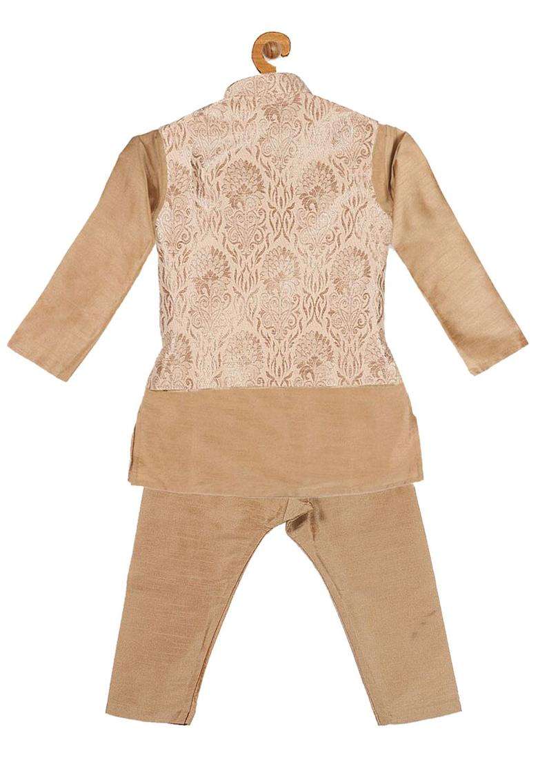 Rose Gold Self Design Silk Kurta Set For Boys - Indya