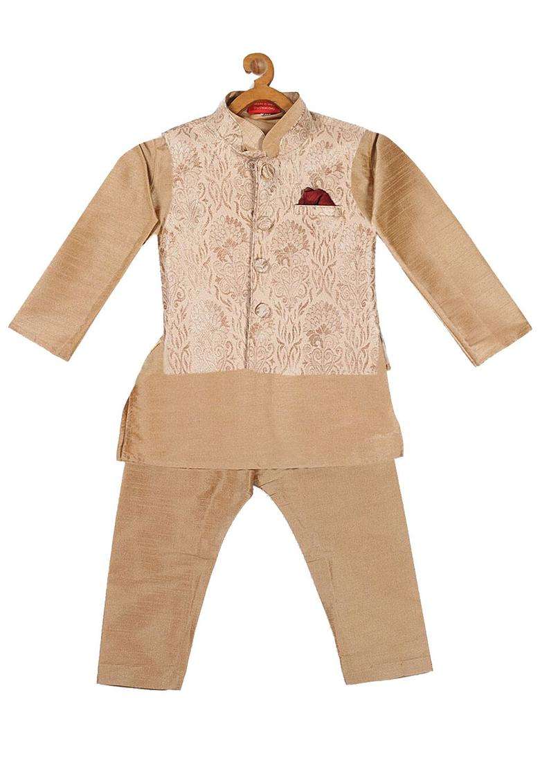 Rose Gold Self Design Silk Kurta Set For Boys - Indya