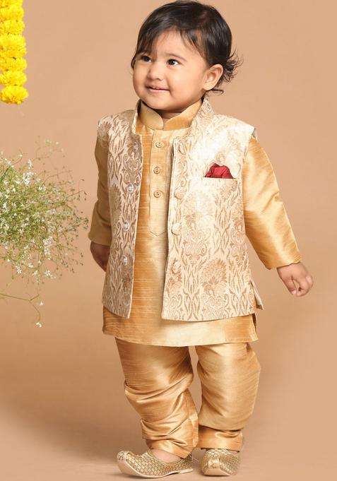 Rose Gold Self Design Silk Kurta Set For Boys