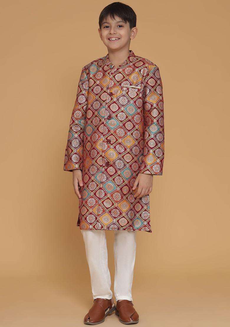 Maroon Woven Design Polyester Kurta Set For Boys - Indya