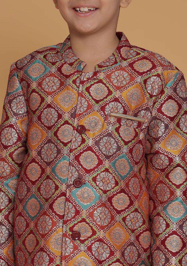 Maroon Woven Design Polyester Kurta Set For Boys - Indya