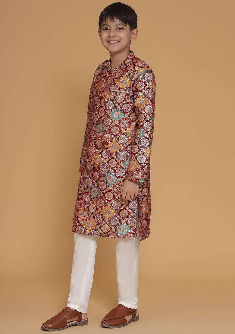 Maroon Woven Design Polyester Kurta Set For Boys - Indya