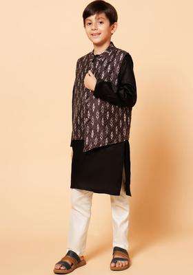 Black Solid Polyester Kurta Set For Boys