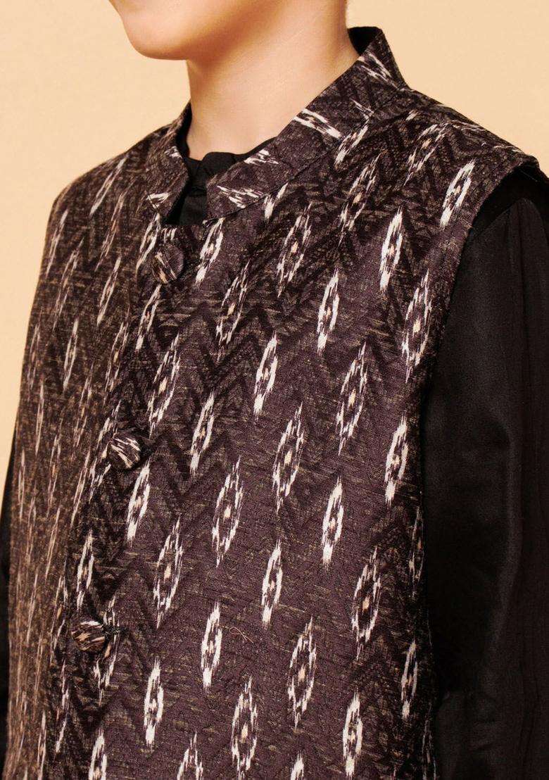 Black Solid Polyester Kurta Set For Boys - Indya