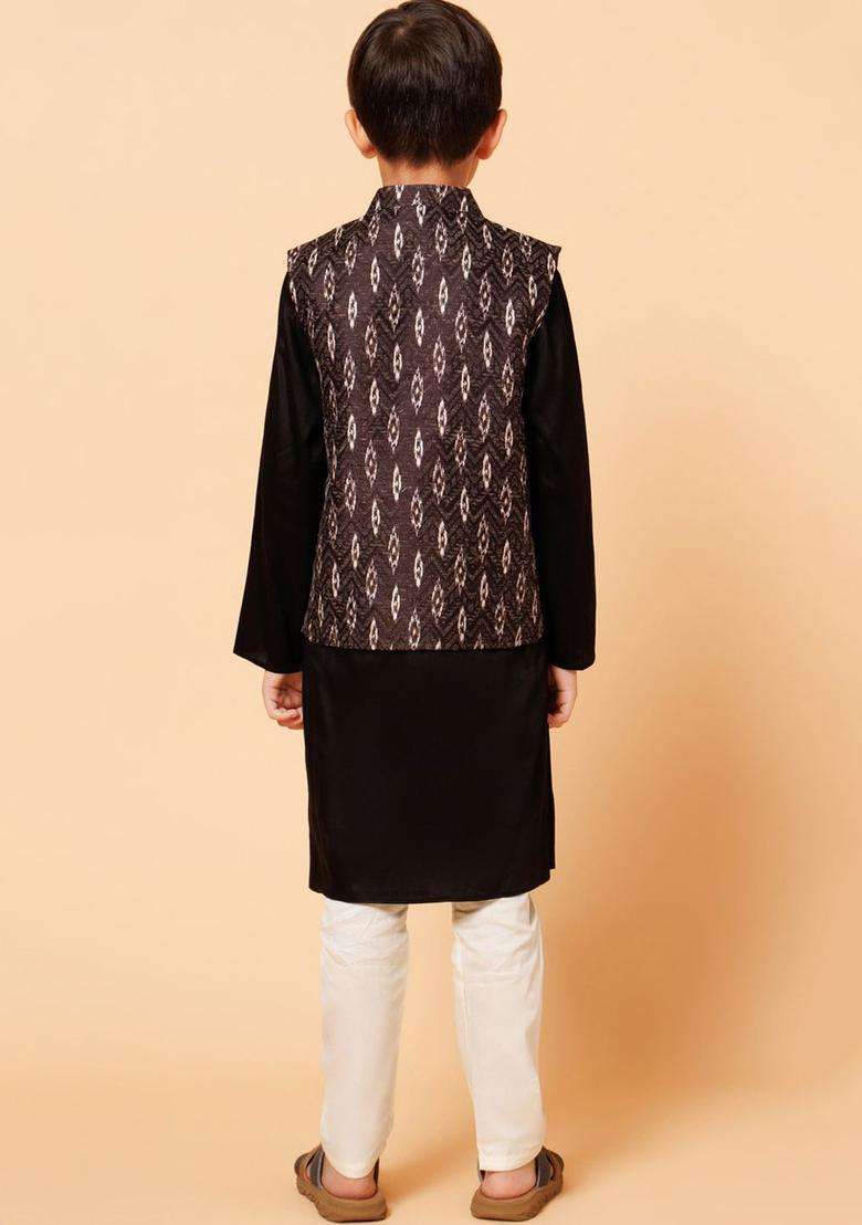 Black Solid Polyester Kurta Set For Boys - Indya