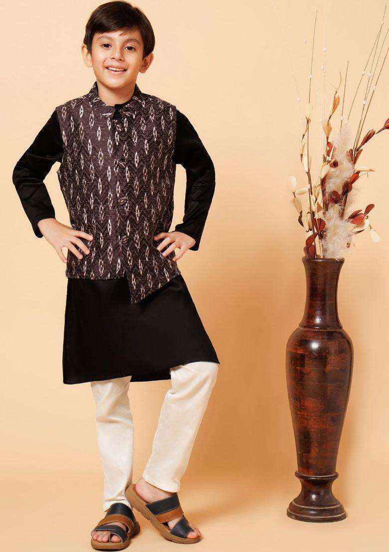 Black Solid Polyester Kurta Set For Boys - Indya