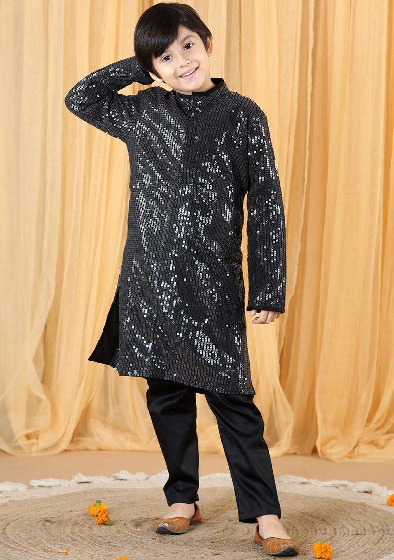 Black Embroidered Net Kurta Set For Boys - Indya