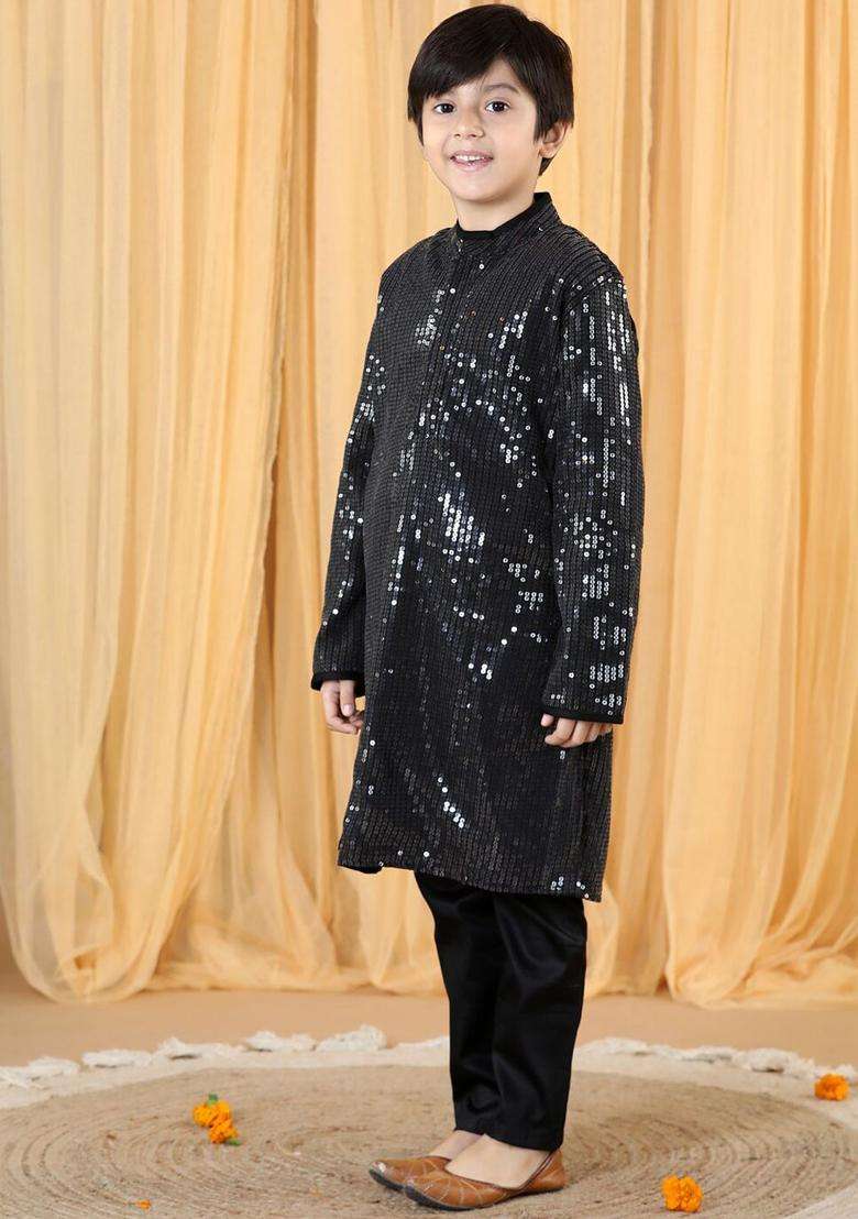Black Embroidered Net Kurta Set For Boys - Indya
