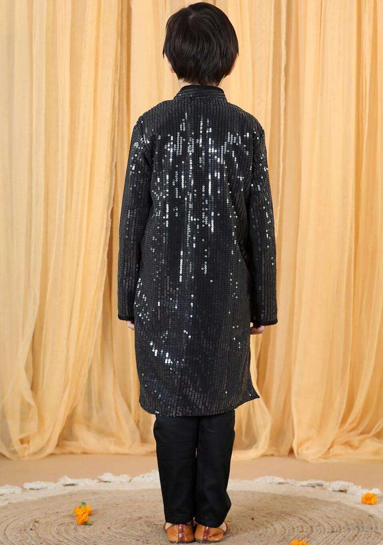 Black Embroidered Net Kurta Set For Boys - Indya