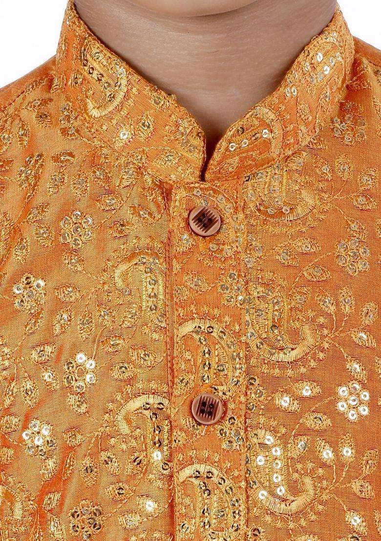 Yellow Embroidered Cotton Kurta Set For Boys - Indya