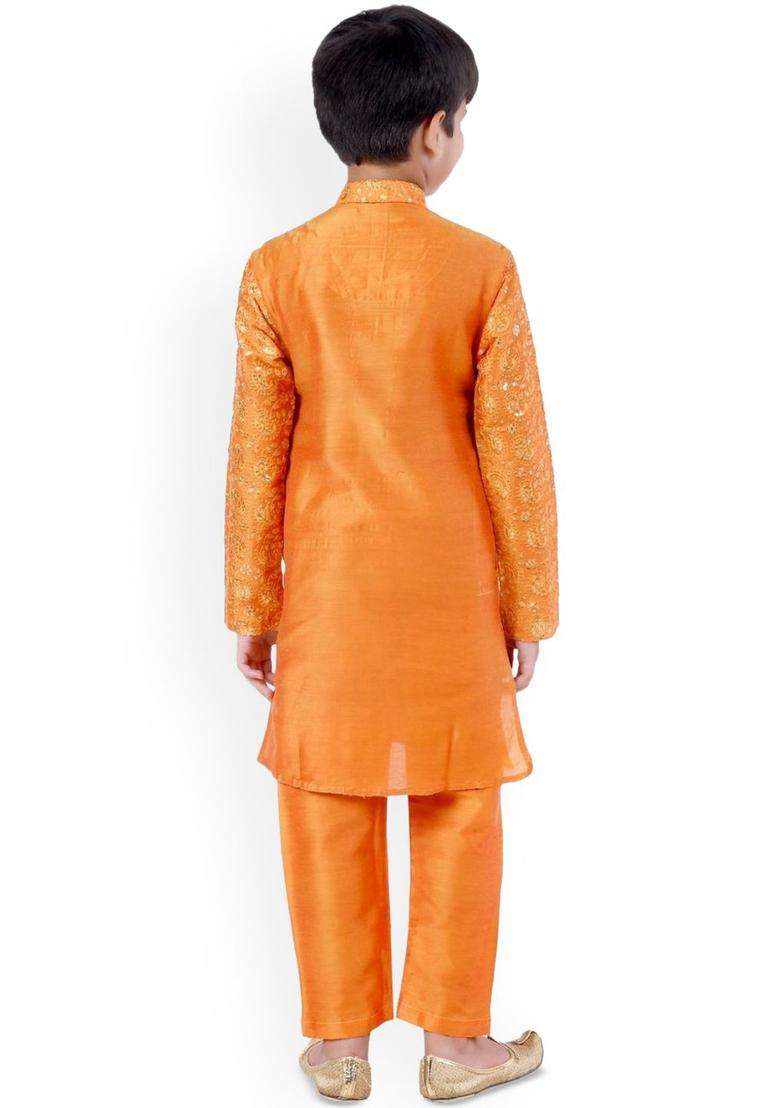 Yellow Embroidered Cotton Kurta Set For Boys - Indya