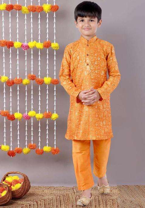 Yellow Embroidered Cotton Kurta Set For Boys