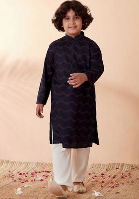 Navy Blue Printed Cotton Kurta Set For Boys
