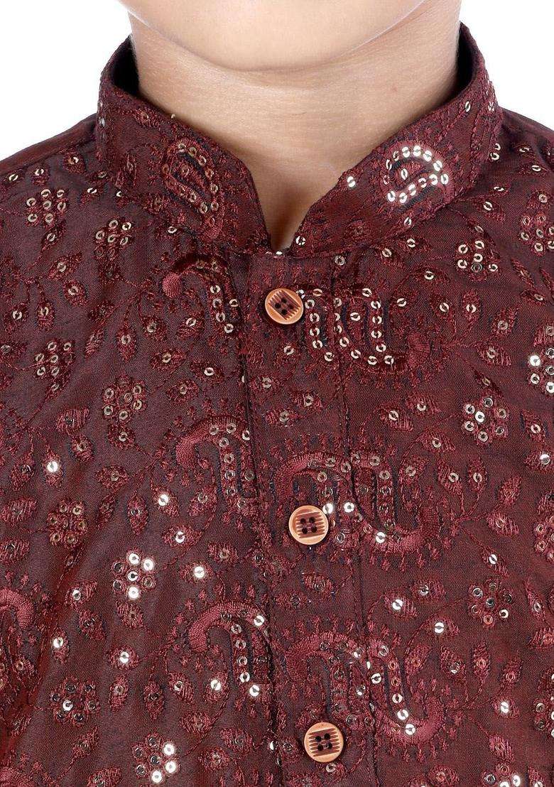Burgundy Embroidered Cotton Kurta Set For Boys - Indya