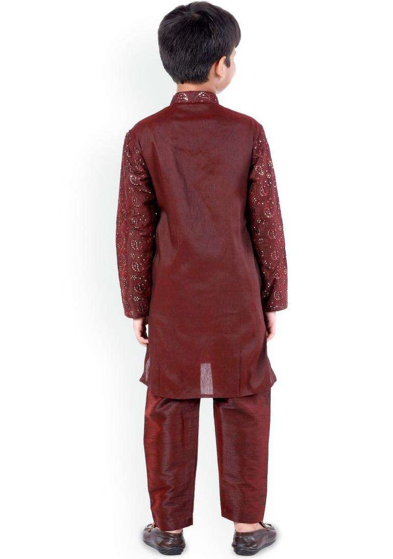 Burgundy Embroidered Cotton Kurta Set For Boys - Indya