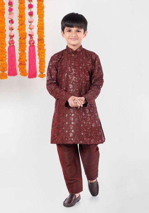 Burgundy Embroidered Cotton Kurta Set For Boys