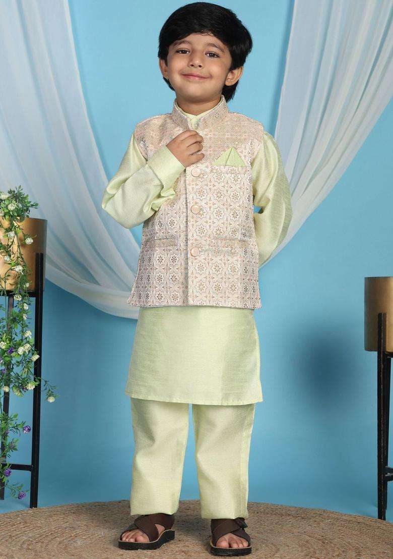 Lime Green Solid Silk Kurta Set For Boys - Indya
