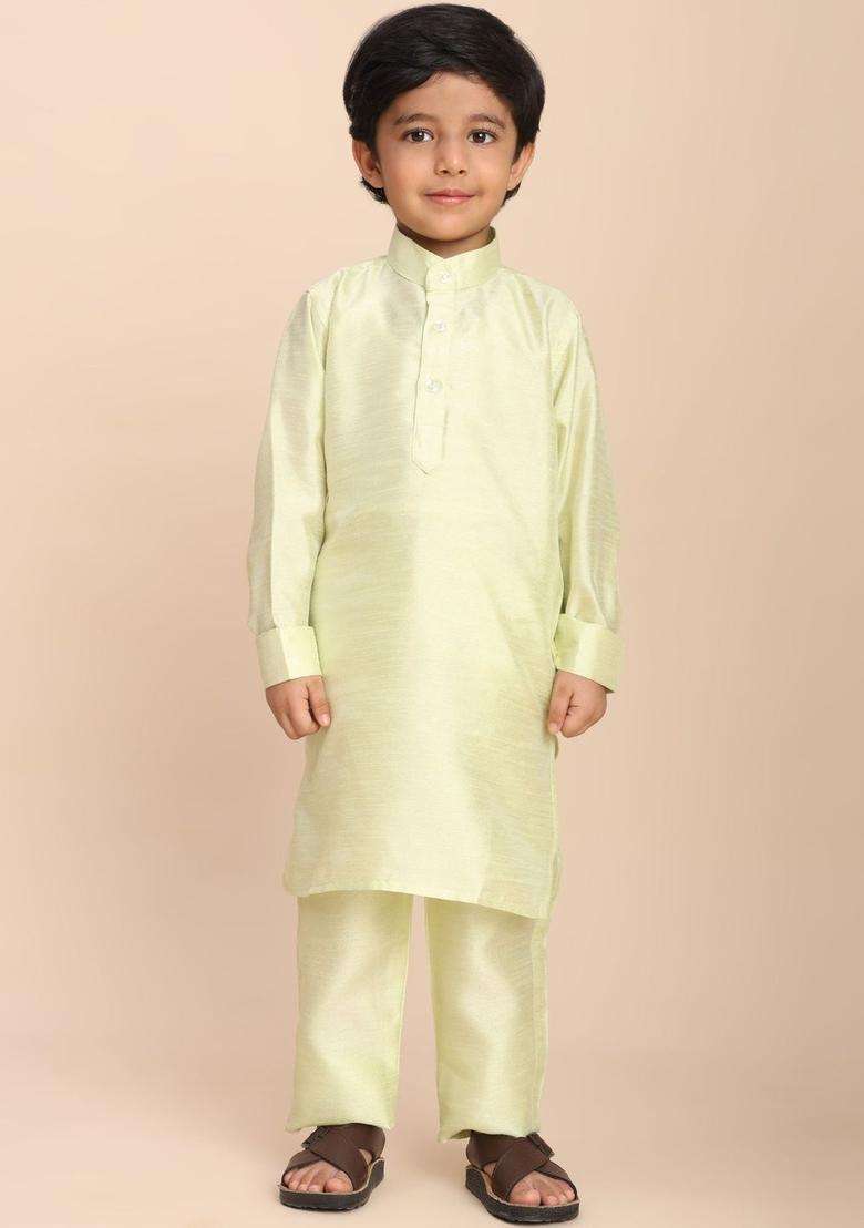 Lime Green Solid Silk Kurta Set For Boys - Indya