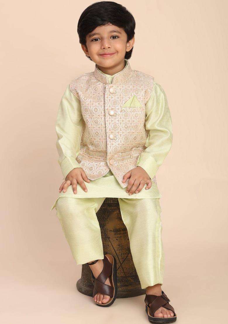Lime Green Solid Silk Kurta Set For Boys - Indya