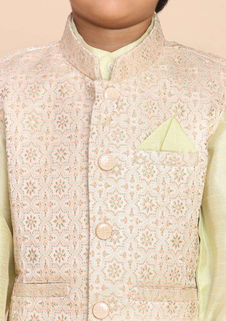 Lime Green Solid Silk Kurta Set For Boys - Indya