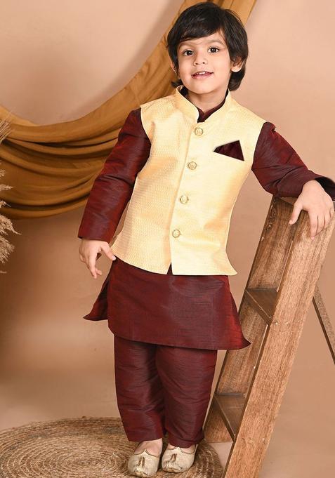 Maroon Solid Silk Kurta Set For Boys — view on Indya