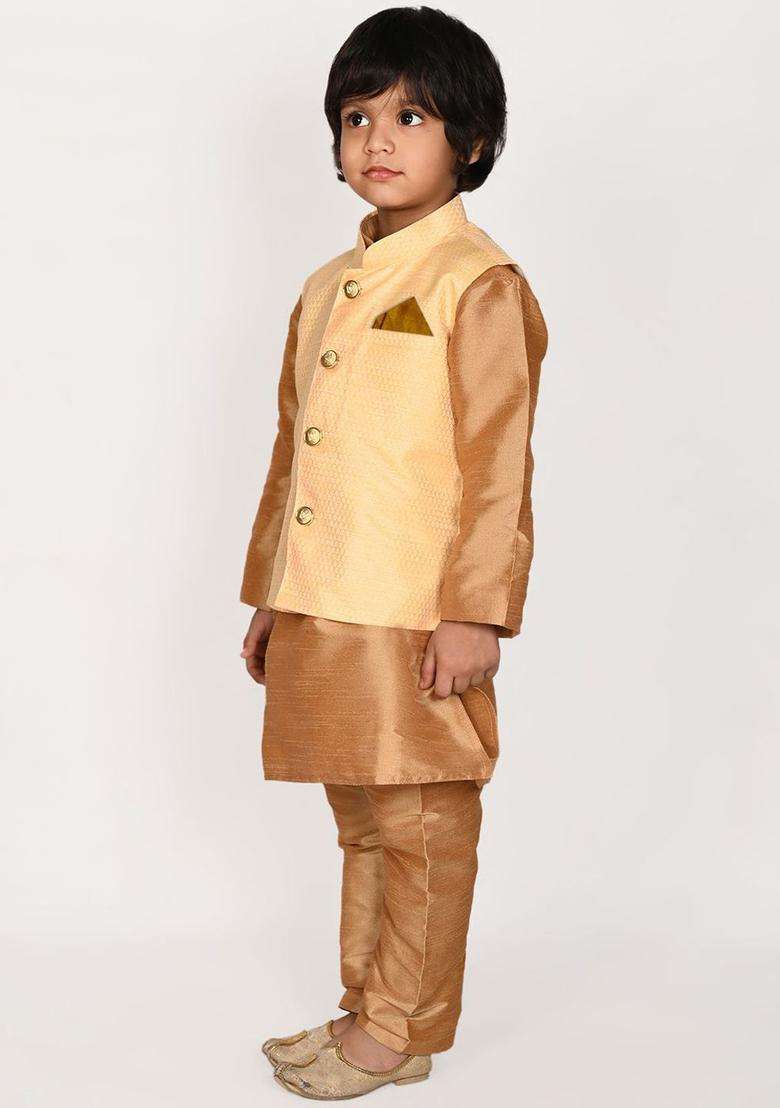 Gold Solid Silk Kurta Set For Boys - Indya