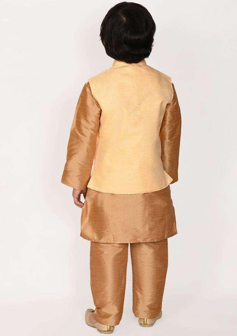 Gold Solid Silk Kurta Set For Boys - Indya