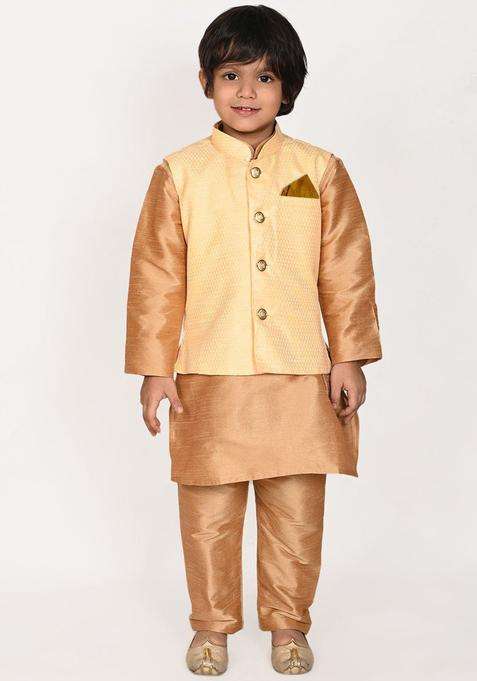 Gold Solid Silk Kurta Set For Boys