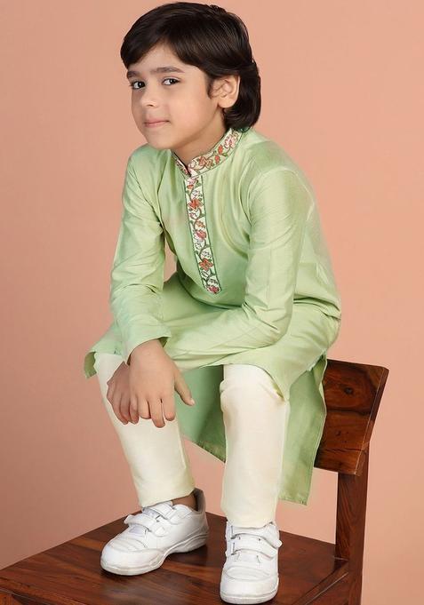 Lime Green Embroidered Cotton Kurta Set For Boys — view on Indya