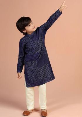 Navy Blue Printed Cotton Kurta Set For Boys