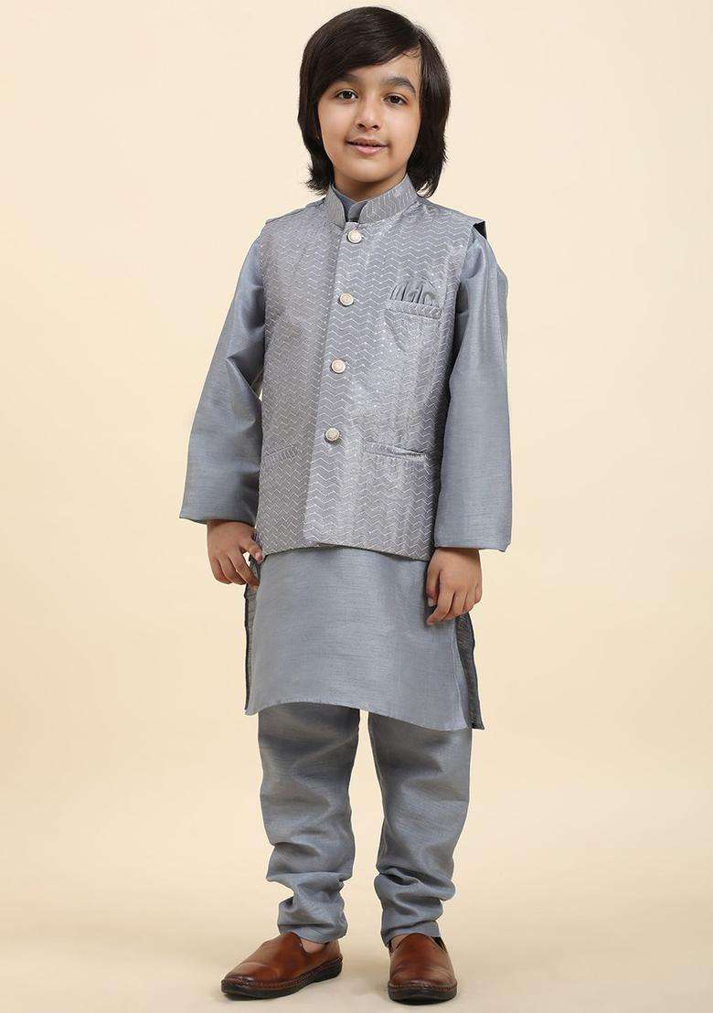 Grey Solid Silk Kurta Set For Boys - Indya