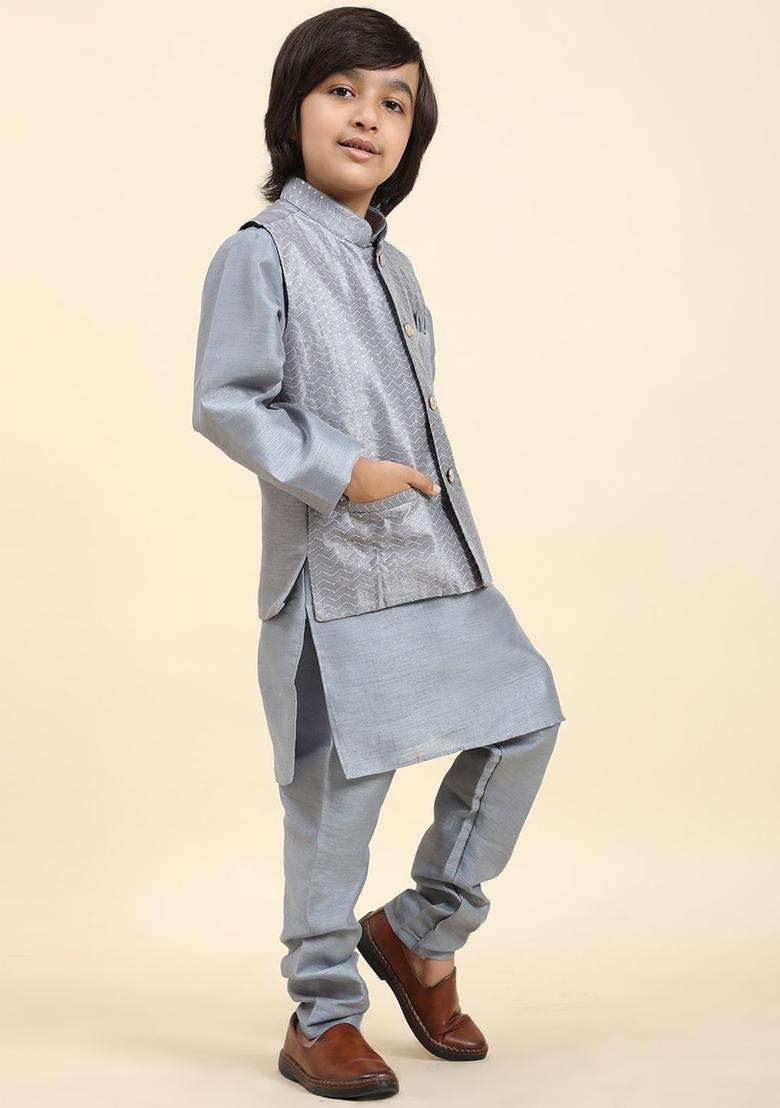 Grey Solid Silk Kurta Set For Boys - Indya