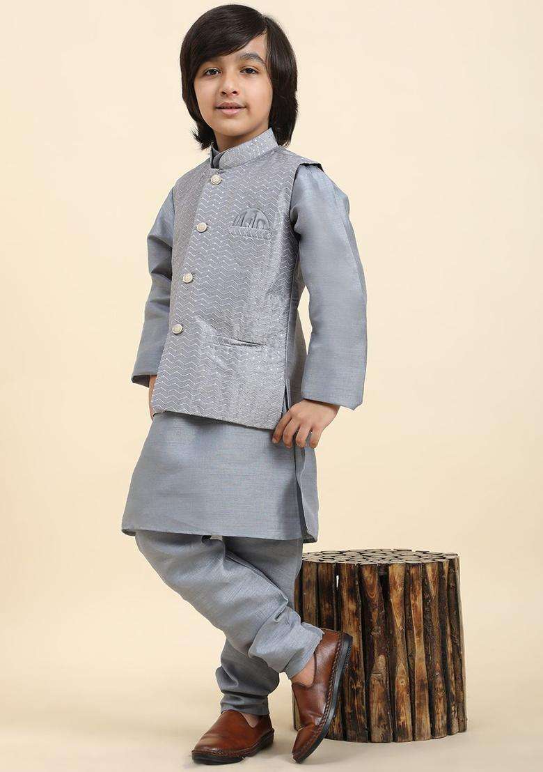 Grey Solid Silk Kurta Set For Boys - Indya