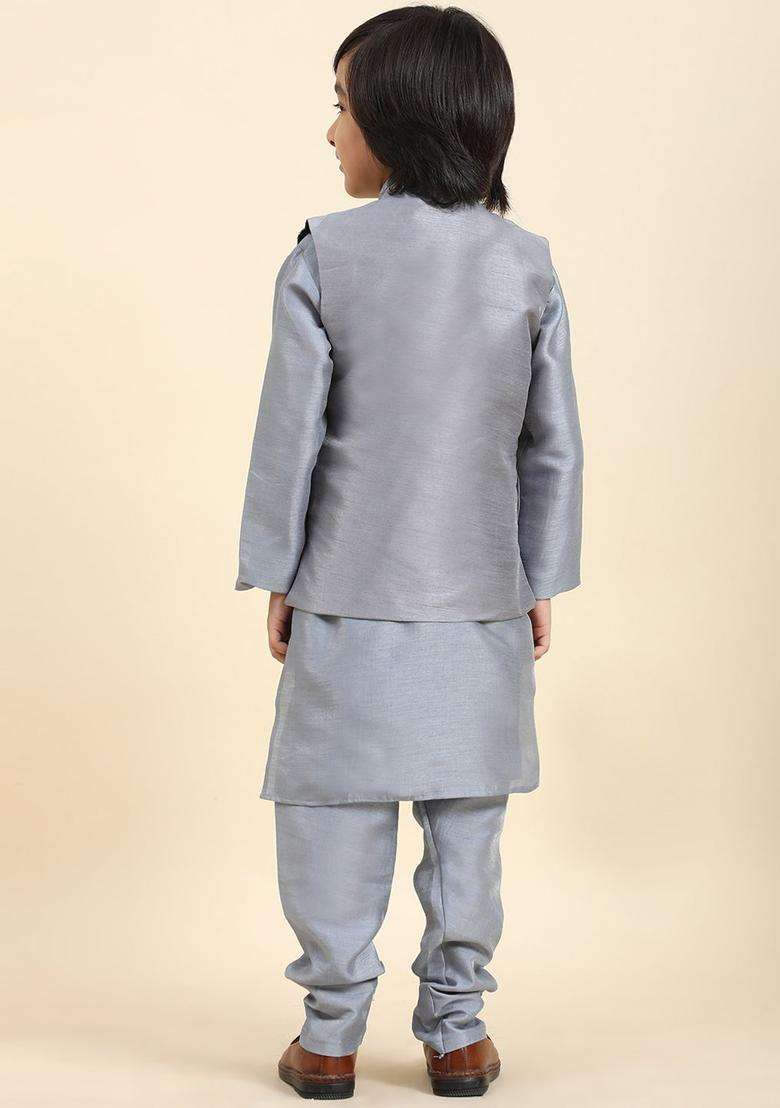 Grey Solid Silk Kurta Set For Boys - Indya