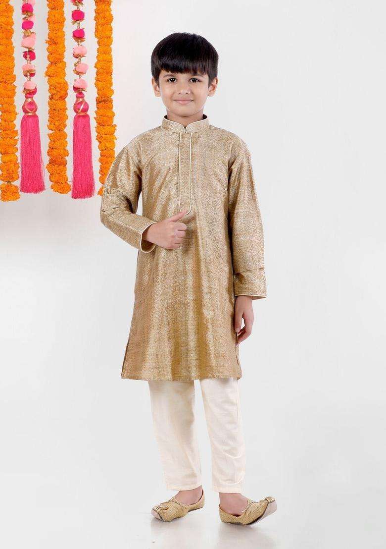 Gold Woven Design Cotton Kurta Set For Boys - Indya