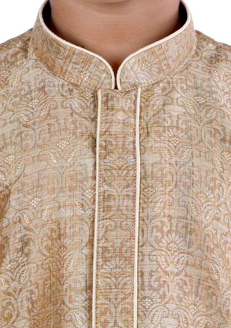 Gold Woven Design Cotton Kurta Set For Boys - Indya
