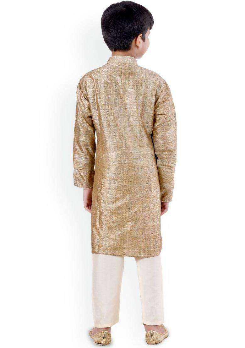 Gold Woven Design Cotton Kurta Set For Boys - Indya