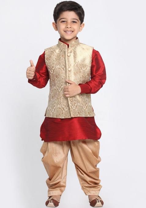 Maroon Self Design Silk Kurta Set For Boys — view on Indya